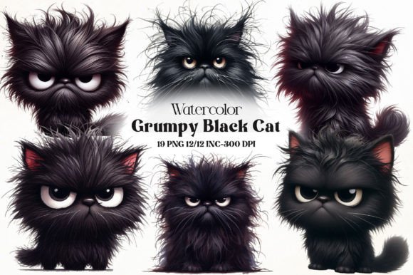 Download Watercolor Grumpy Black Cat Clipart - Black cat clipart Collection