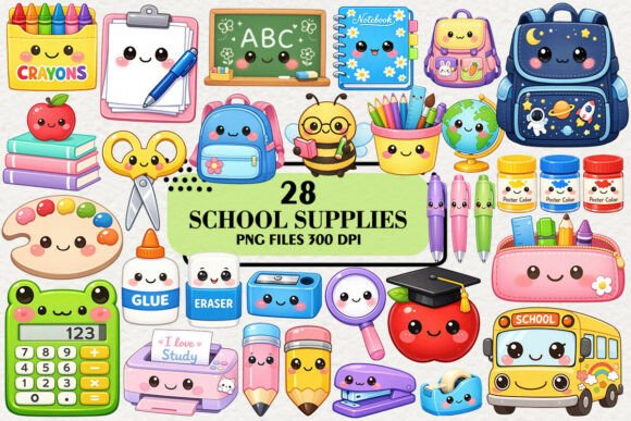 Download Kawaii School Supplies Stickers Clipart - School Collection